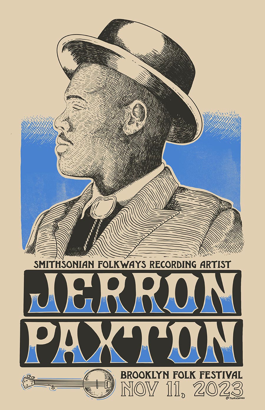 Illustrated poster of Jerron Paxton. Image is of Paxton in profile, followed by the date he'll perform at the Brooklyn Folk Festival: November 11, 2023.